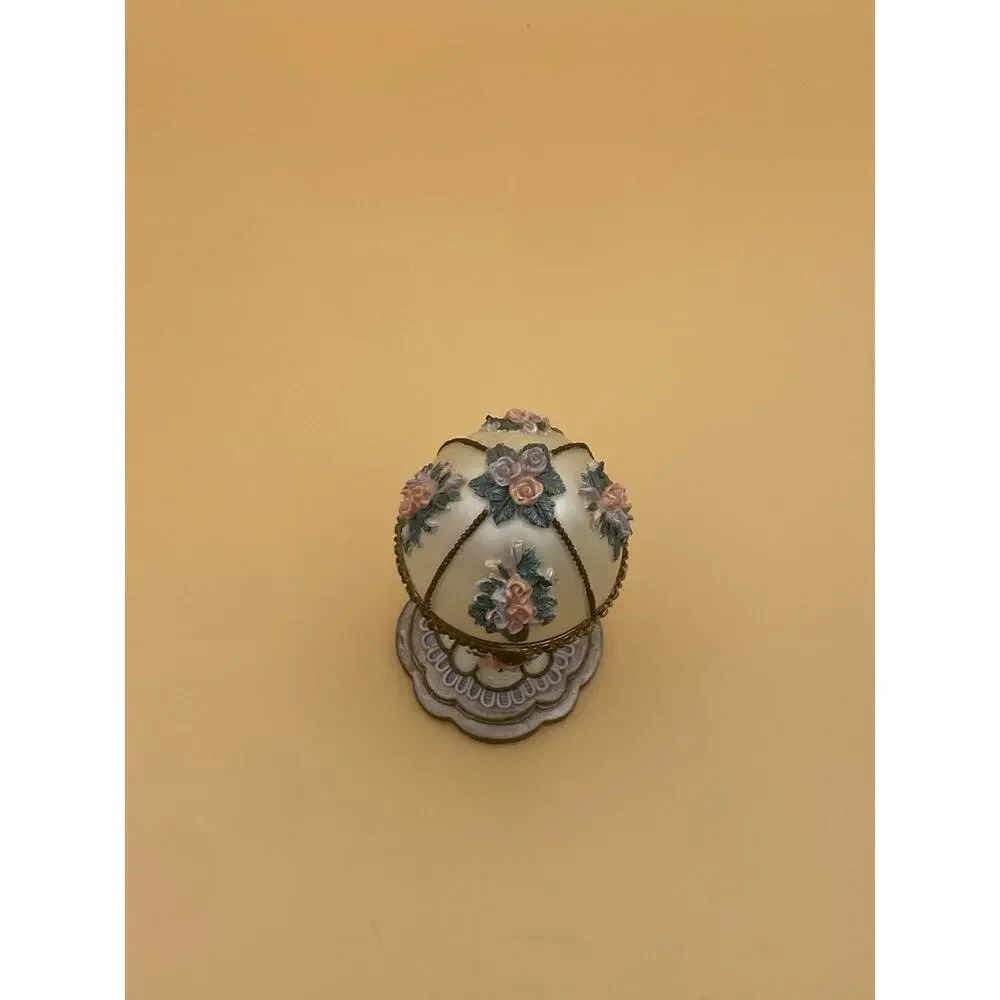 Vintage Egg Shaped Floral Metal Jewelry Box w/ Hinged Lid, Fabric Lined Interior